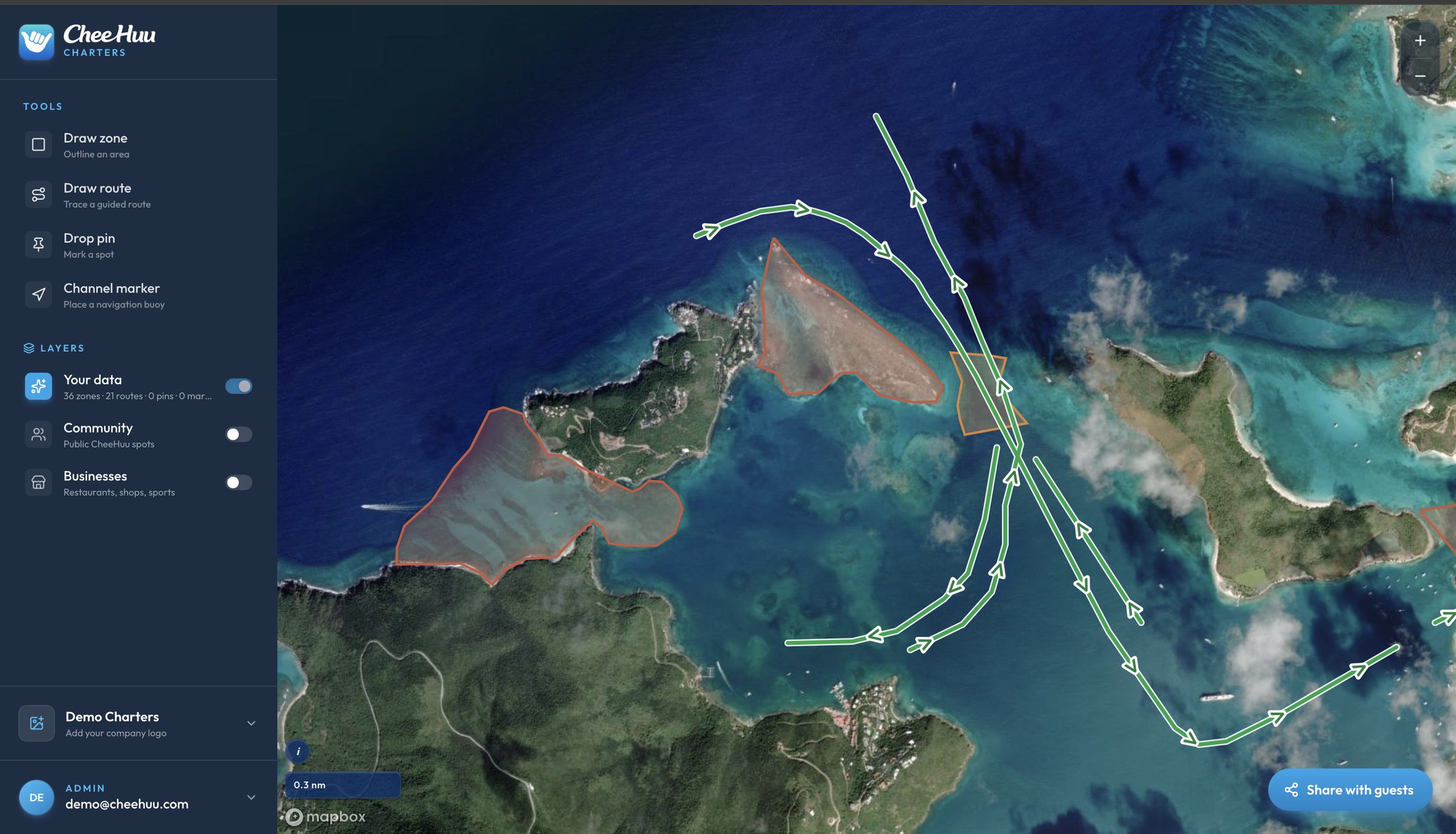 CheeHuu for Charters map editor — guided routes, reef zones, and channel markers over BVI satellite charts