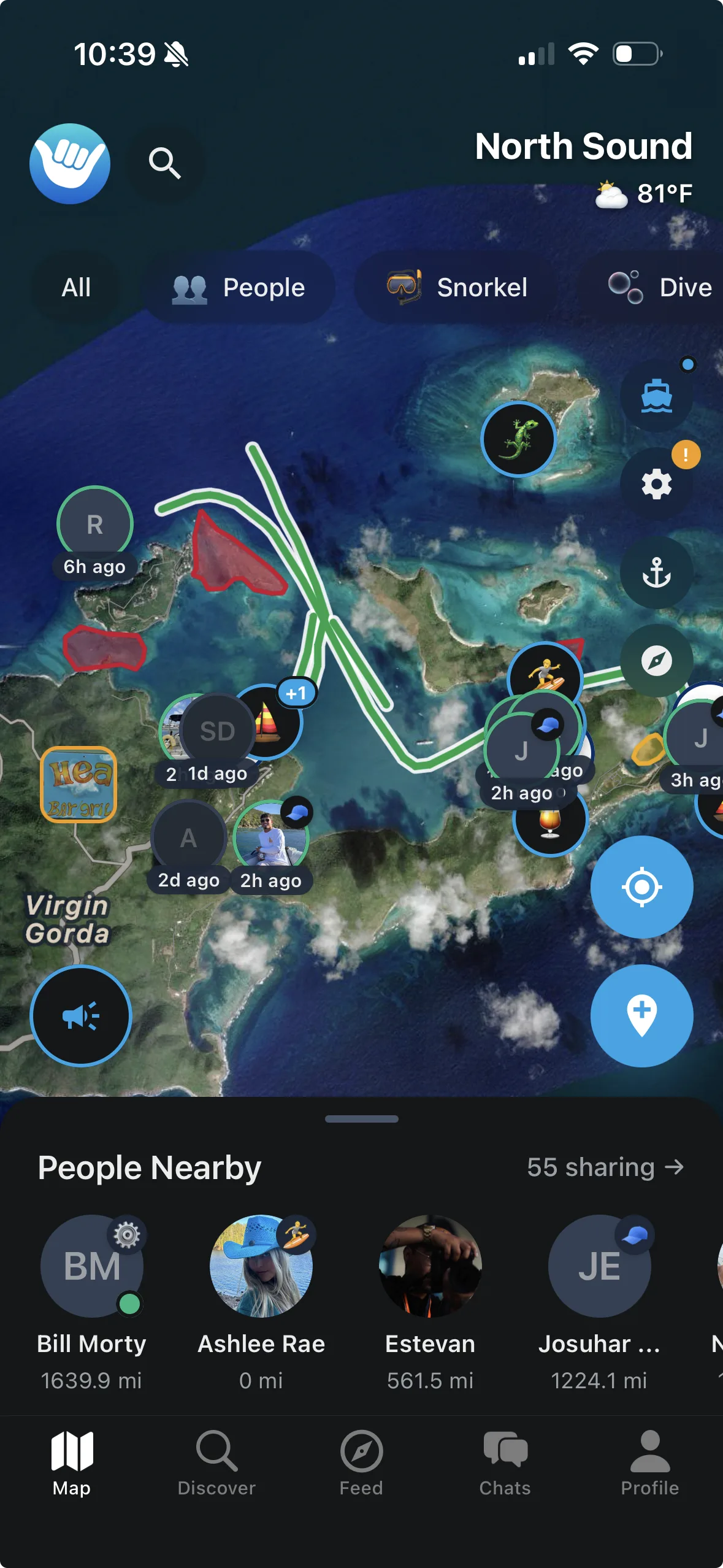 The same routes and zones in the guest's CheeHuu app — North Sound with the charter company's layer live